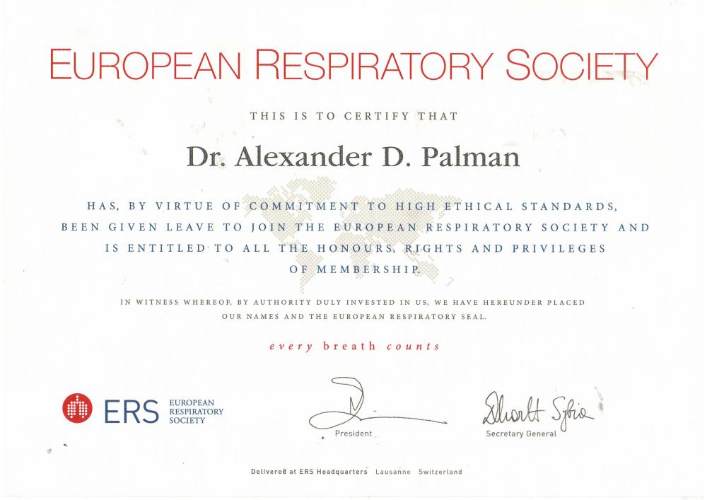 Свидетельство членства в European Respiratory Society, Пальман А.Д.